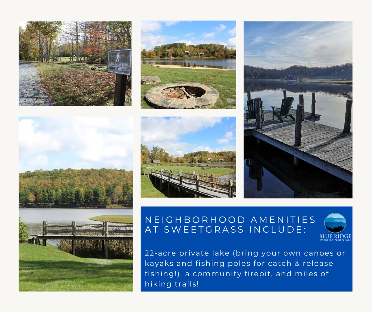 A tranquil lakeside scene featuring a private dock, firepit area, and clear hiking trails leading into the woods. The setting is perfect for kayaking, fishing from the dock, or relaxing with neighbors by the fire as the sun sets over the water.